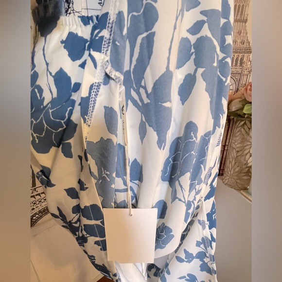 Boho Blue Floral On White Inlay Velvet Strap Accented Adjustable Midi Dress - Picture 10 of 12